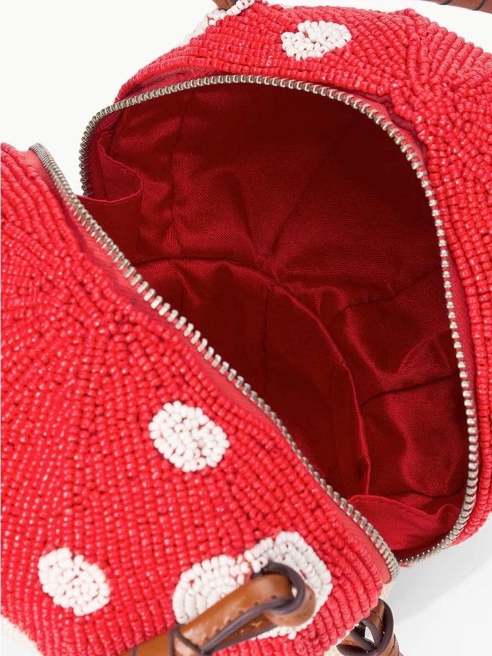 NEW STAUD Red and Cream Mushroom Beaded Mini Bag with Brown Handles - Picture 3 of 7